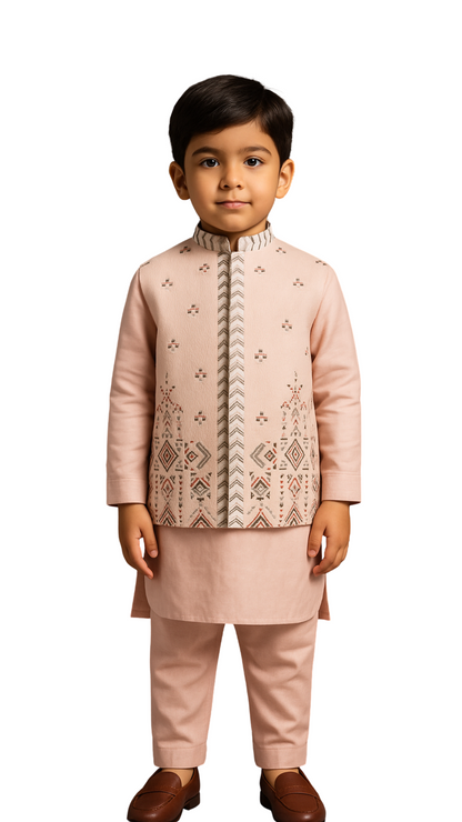 Blush Pink Linen Satin Embroidered Nehru Jacket Set For Boys