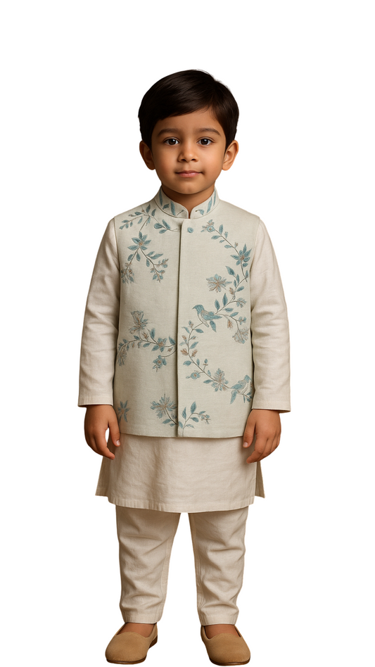 Water Blue Bamberg Silk Embroidered Nehru Jacket Set For Boys