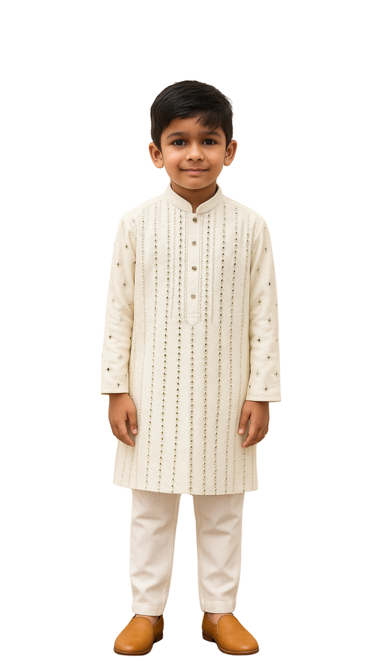 Ivory Mirror Work Bamberg Silk Kurta Set For Boys