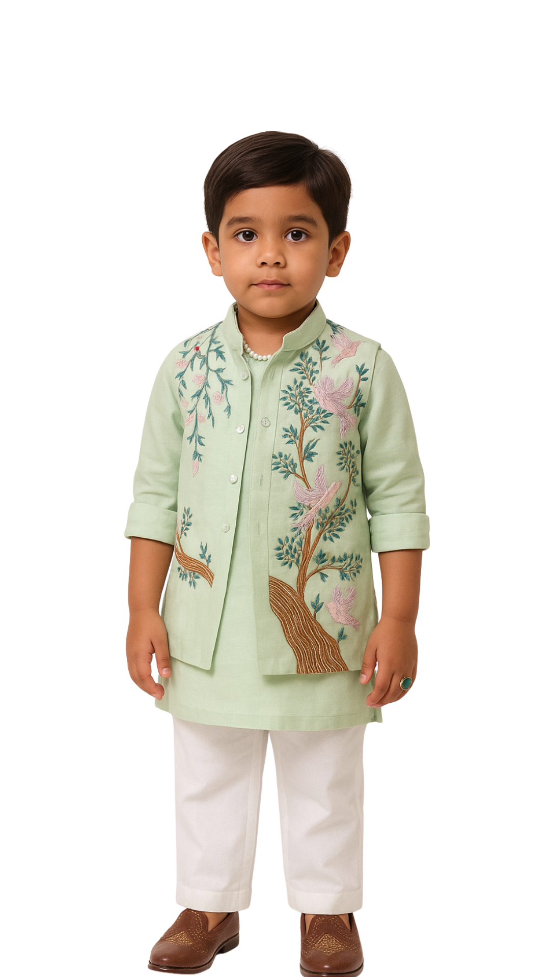 Mint Green Organza Embroidered Nehru Jacket Set For Boys