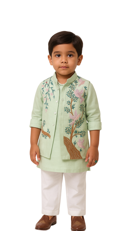 Mint Green Organza Embroidered Nehru Jacket Set For Boys