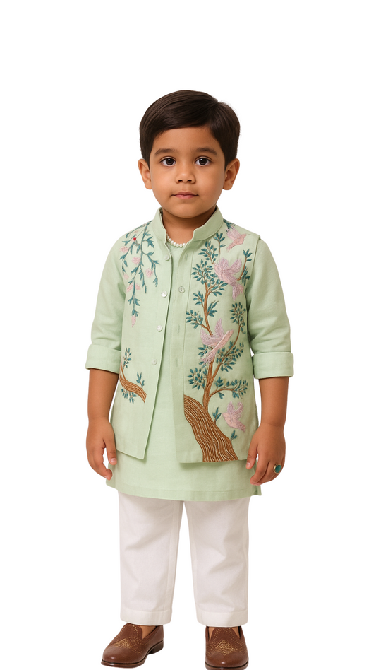 Mint Green Organza Embroidered Nehru Jacket Set For Boys