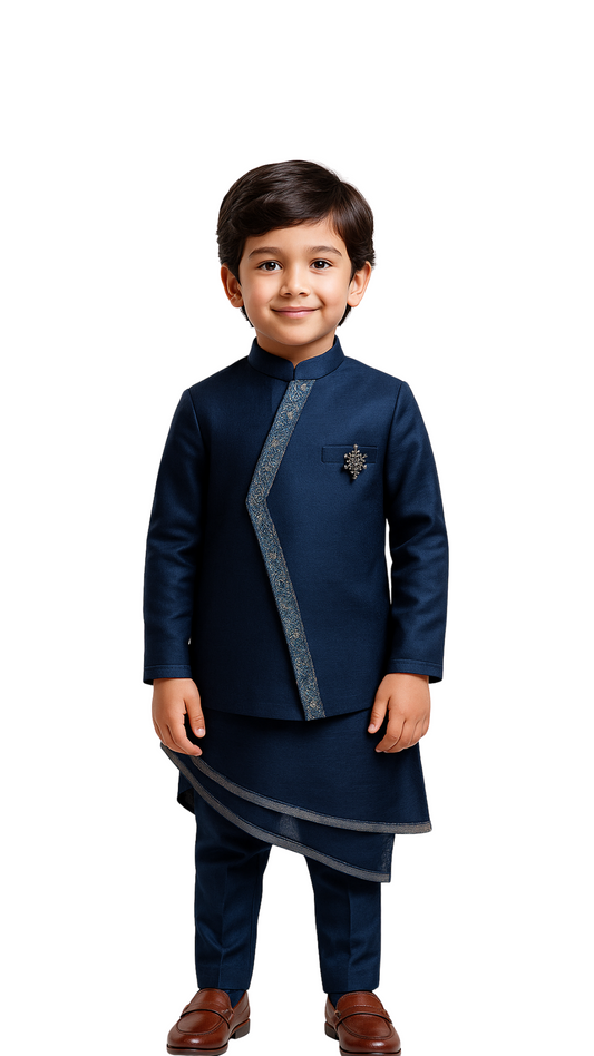 Navy Blue Linen Satin Embroidered Nehru Jacket Set For Boys