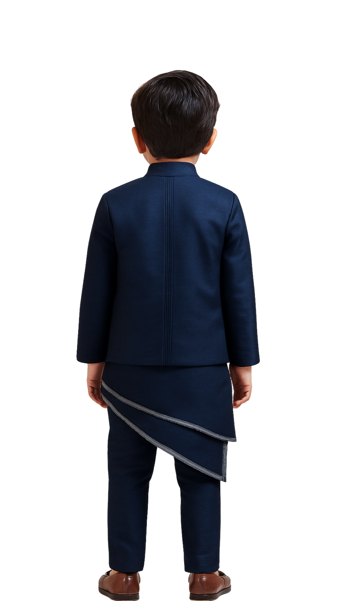 Navy Blue Linen Satin Embroidered Nehru Jacket Set For Boys