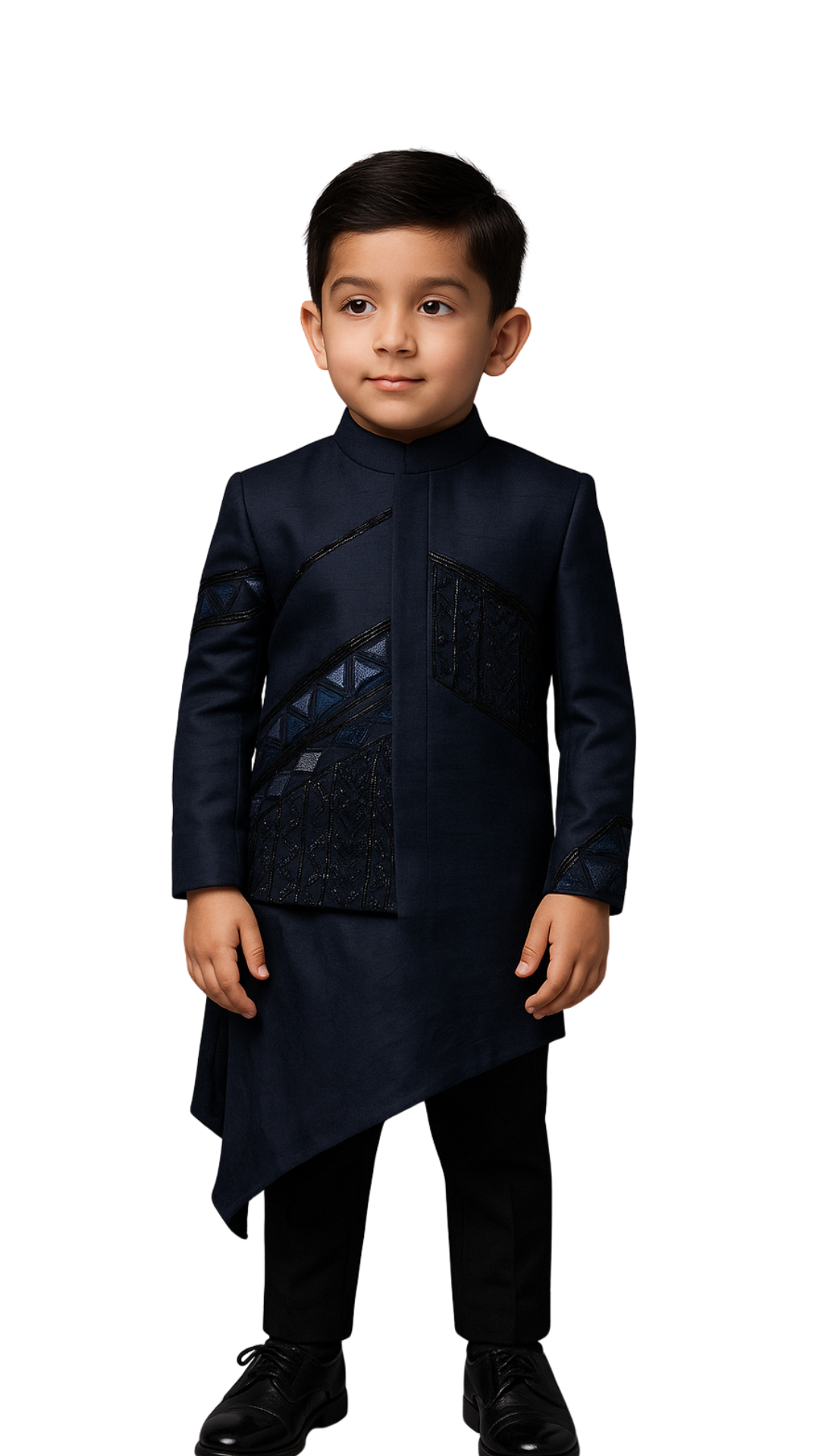Ink Blue Linen Satin Embroidered Nehru Jacket Set For Boys