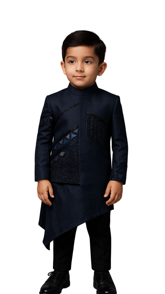 Ink Blue Linen Satin Embroidered Nehru Jacket Set For Boys