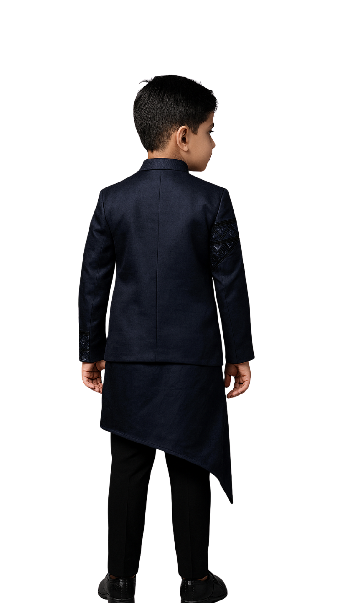 Ink Blue Linen Satin Embroidered Nehru Jacket Set For Boys