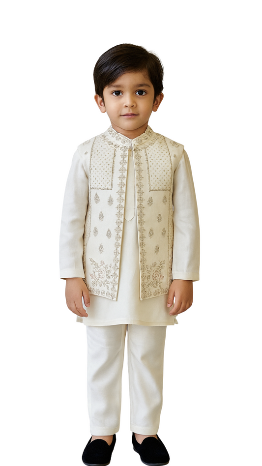 Ivory Bamberg Silk Embroidered Nehru Jacket Set For Boys