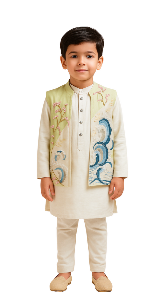 Mint Green And Ivory Organza Embroidered Nehru Jacket Set For Boys