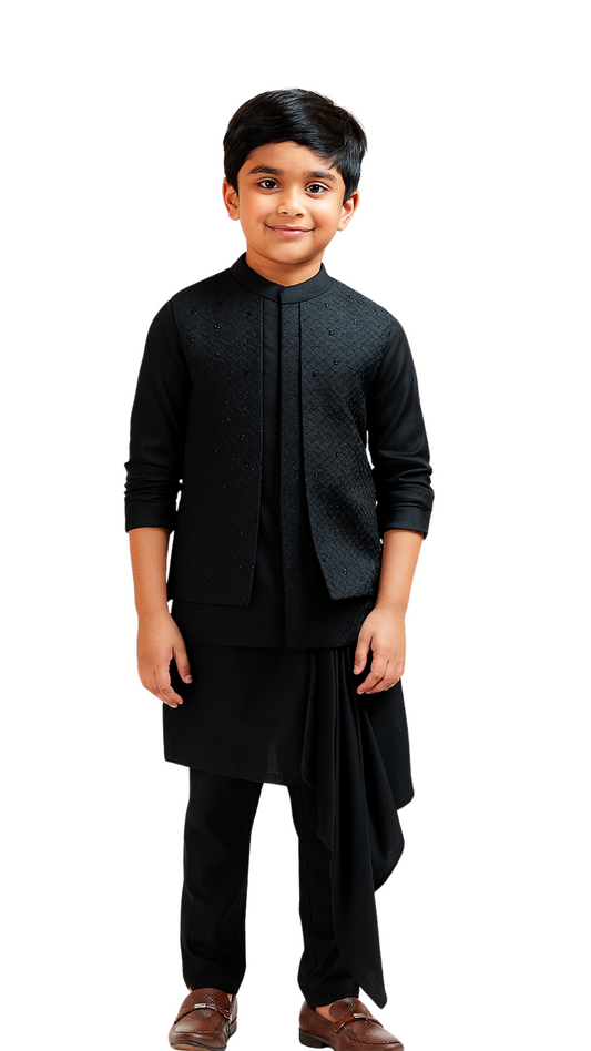 Black Suiting Texture Embroidered Nehru Jacket Set For Boys