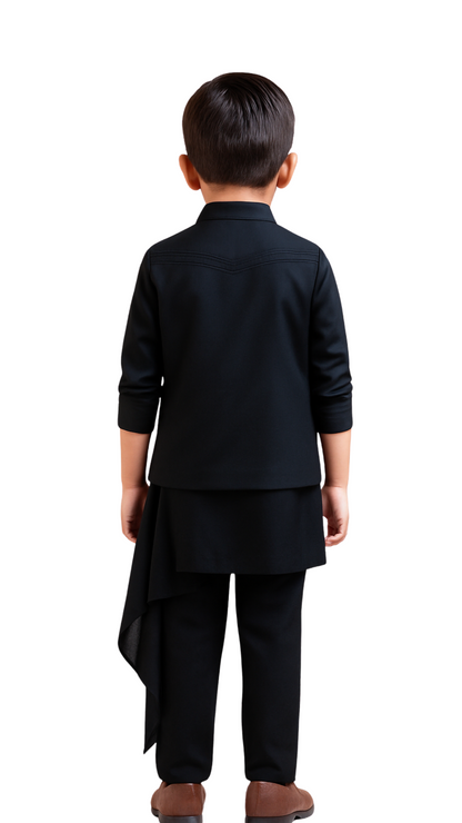 Black Suiting Texture Embroidered Nehru Jacket Set For Boys