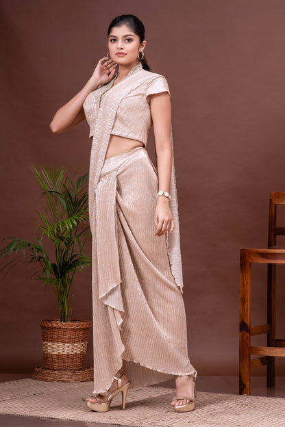 White Gold Shimmer Pre-Draped Saree Set