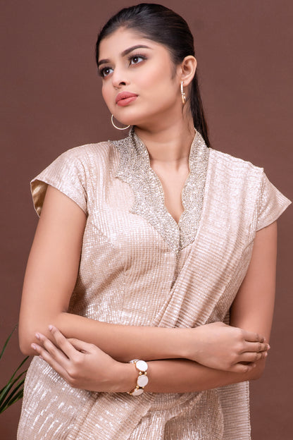 White Gold Shimmer Pre-Draped Saree Set