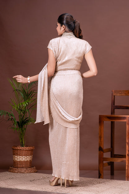 White Gold Shimmer Pre-Draped Saree Set