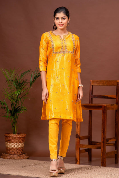 Deep Saffron Zari Kota Doriya Embroidered Kurta Set