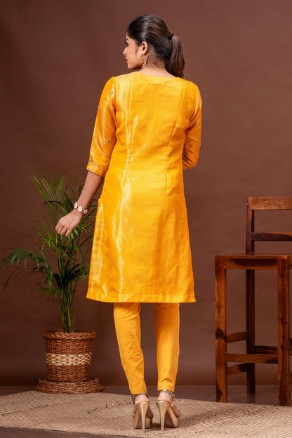 Deep Saffron Zari Kota Doriya Embroidered Kurta Set