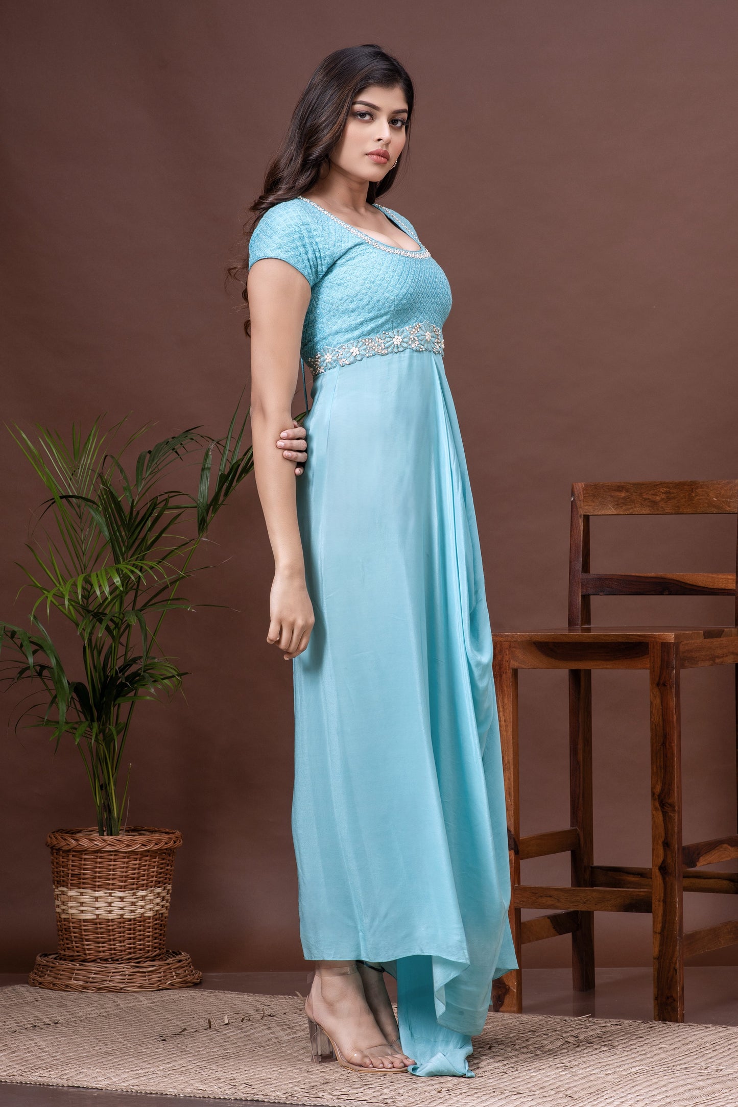 River Blue Crepe Cowl Draped Dress