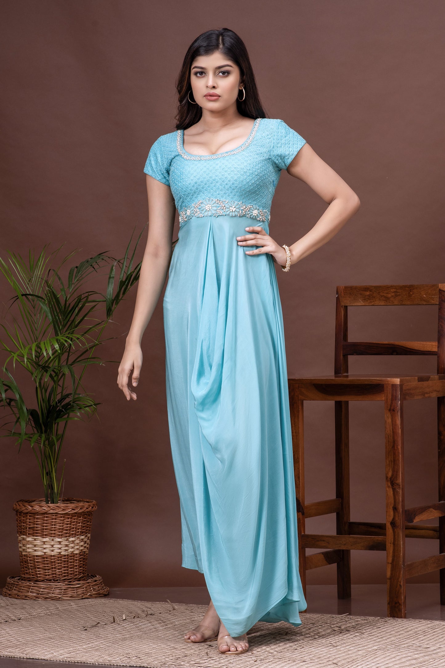 River Blue Crepe Cowl Draped Dress