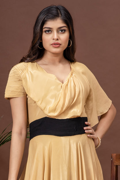 Beige Crepe Draped Cowl Gown