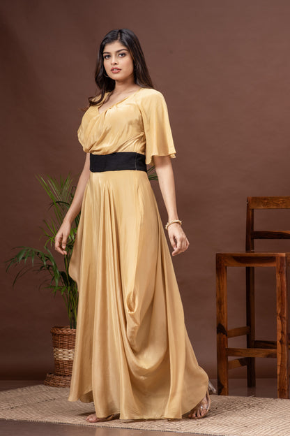Beige Crepe Draped Cowl Gown