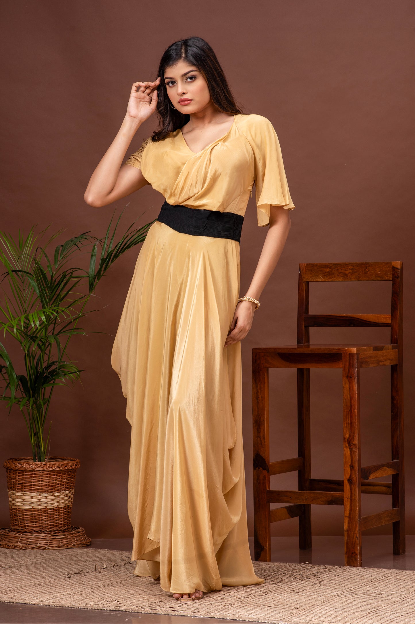 Beige Crepe Draped Cowl Gown