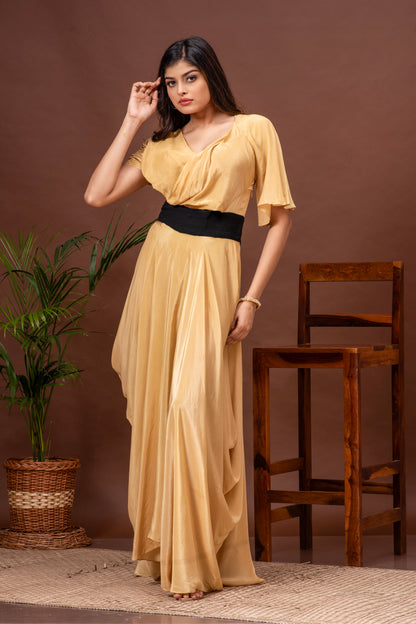 Beige Crepe Draped Cowl Gown