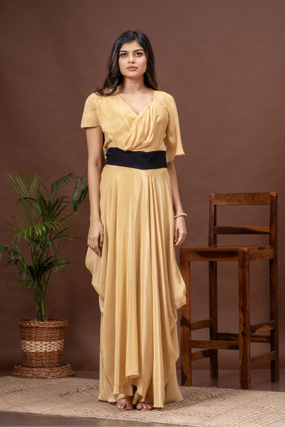 Beige Crepe Draped Cowl Gown