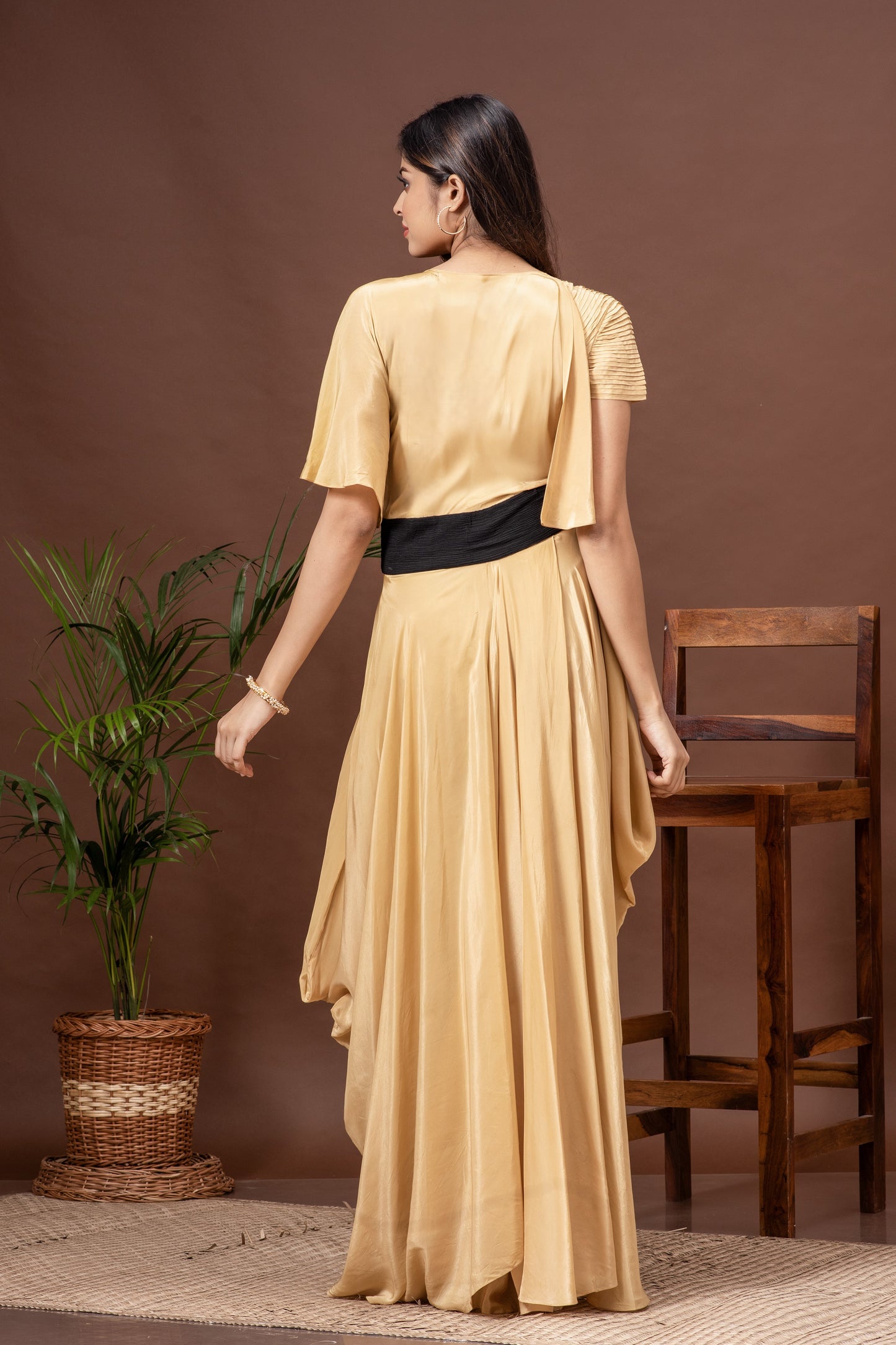 Beige Crepe Draped Cowl Gown