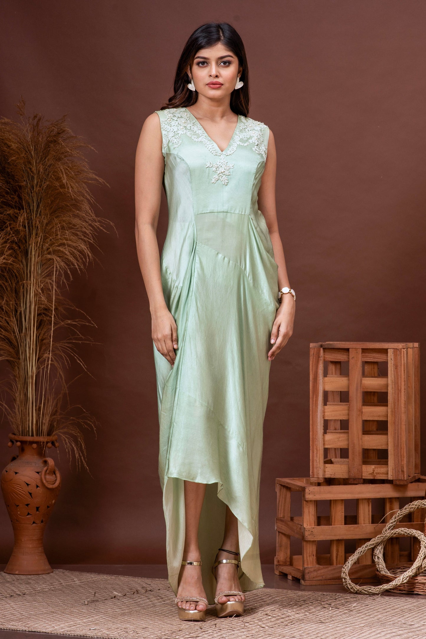 Pale Green Modal Satin Cowl Dress