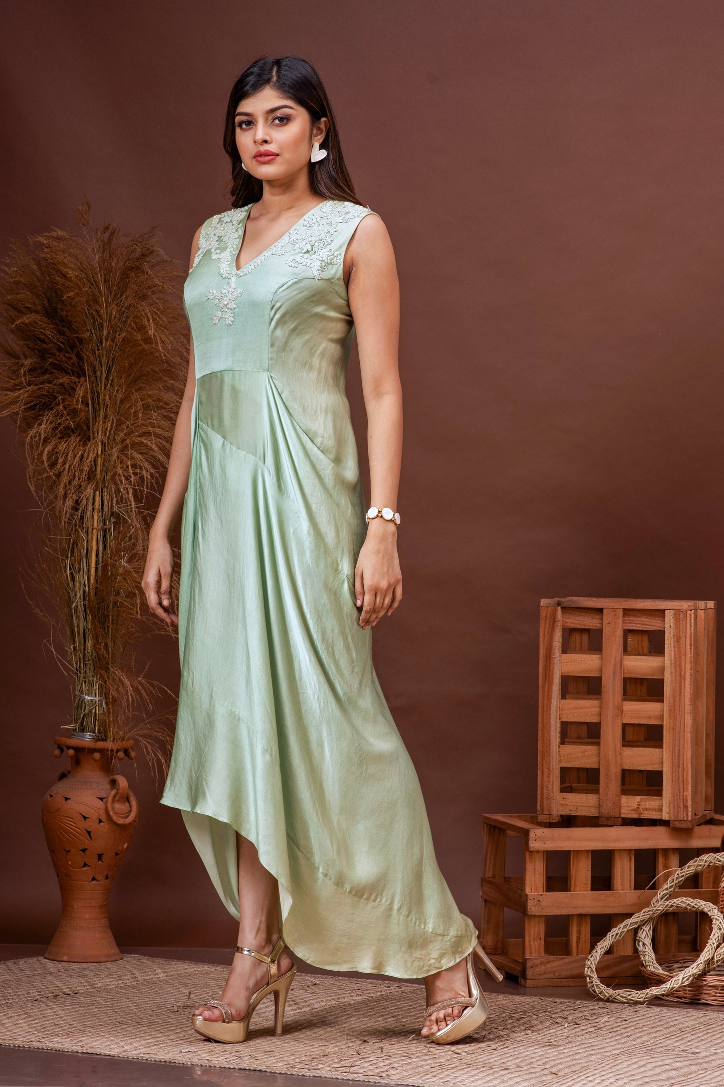 Pale Green Modal Satin Cowl Dress