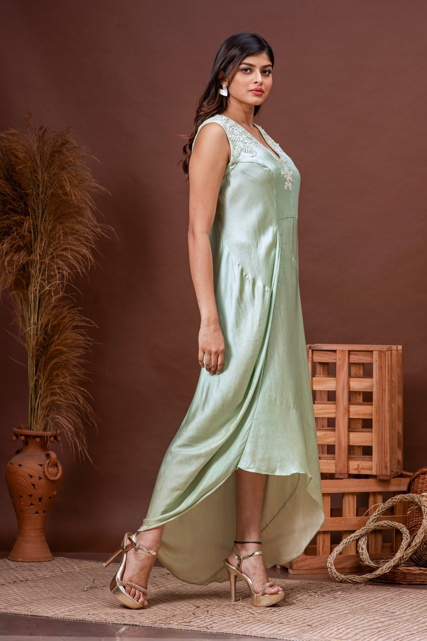 Pale Green Modal Satin Cowl Dress