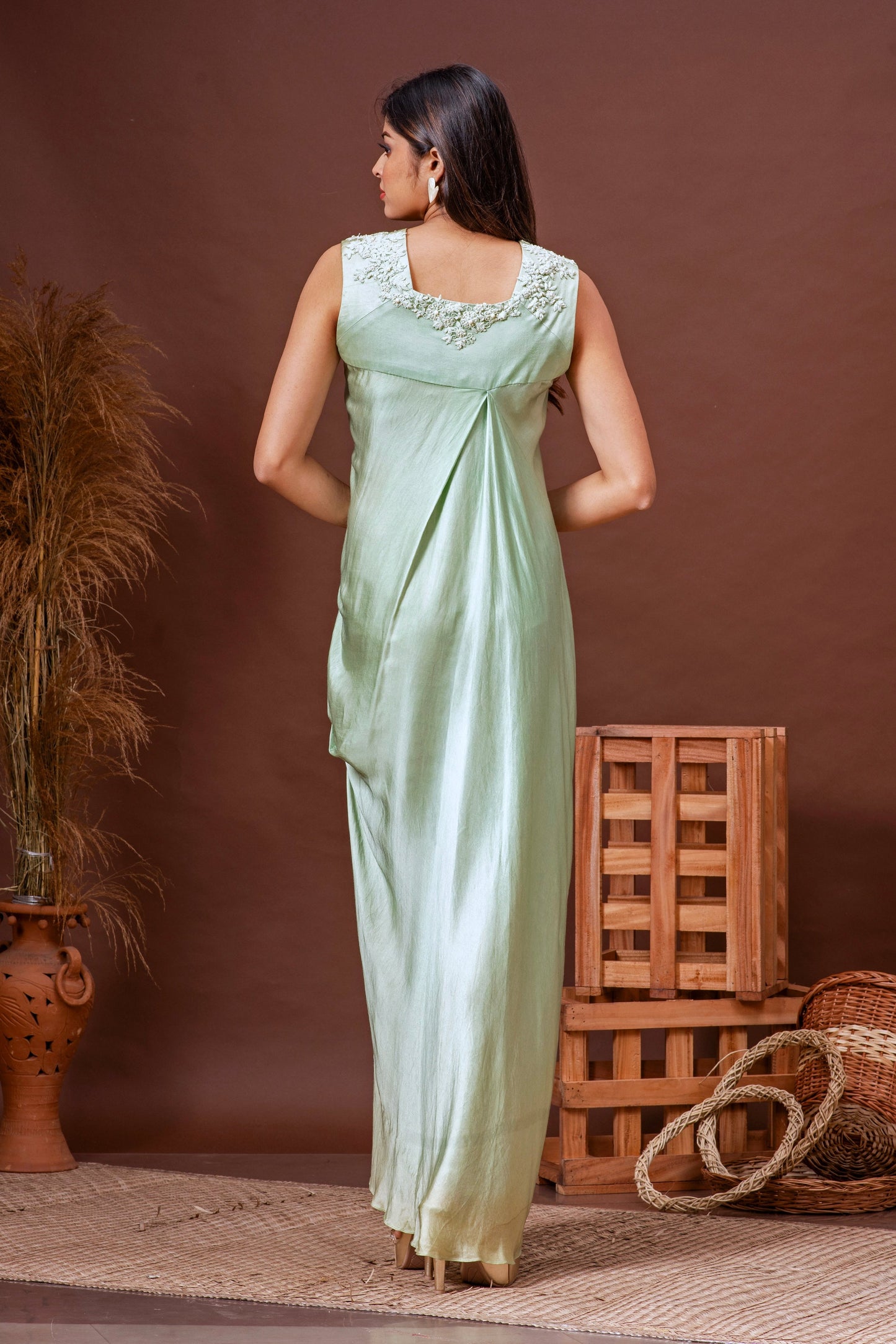 Pale Green Modal Satin Cowl Dress