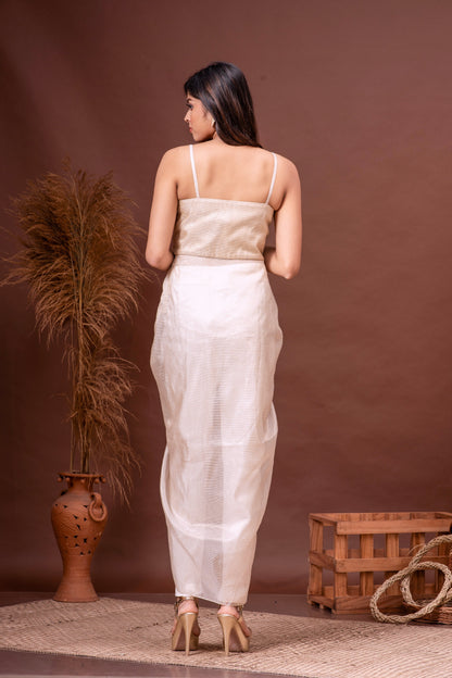 Beige Zari Kota Doriya Embroidered Draped Dress