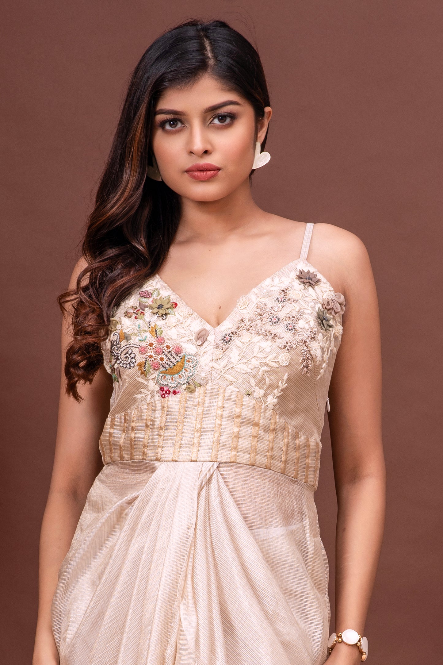 Beige Zari Kota Doriya Embroidered Draped Dress
