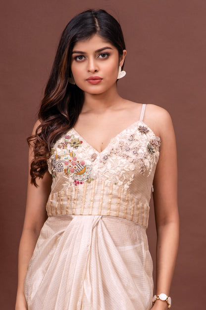 Beige Zari Kota Doriya Embroidered Draped Dress