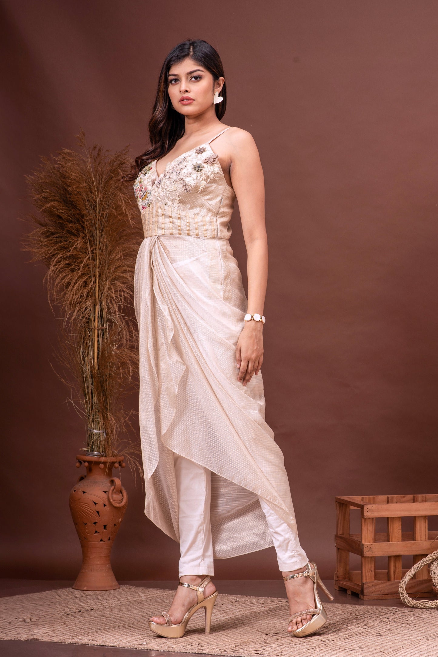 Beige Zari Kota Doriya Embroidered Draped Dress