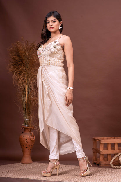 Beige Zari Kota Doriya Embroidered Draped Dress