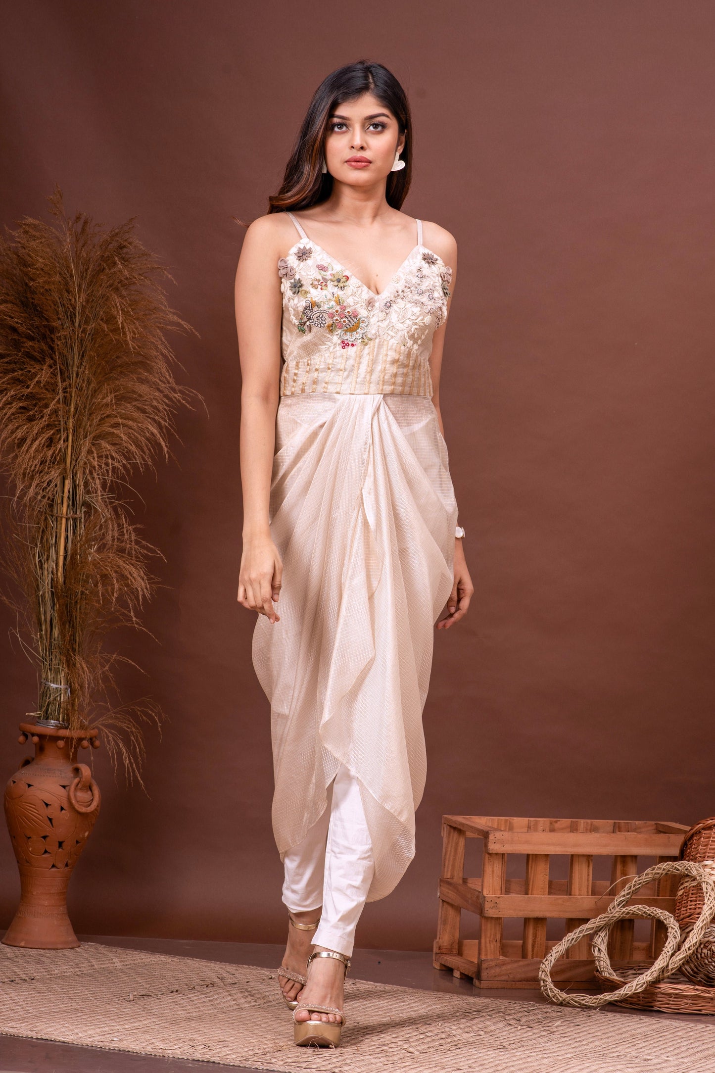 Beige Zari Kota Doriya Embroidered Draped Dress