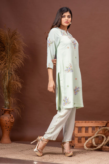 Mint Green Georgette Sequins Embroidered Kurta Set