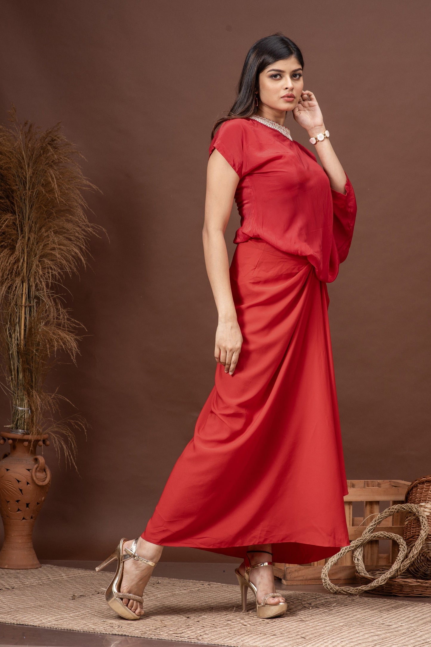 Tomato Red Habutai Silk Draped Skirt Set