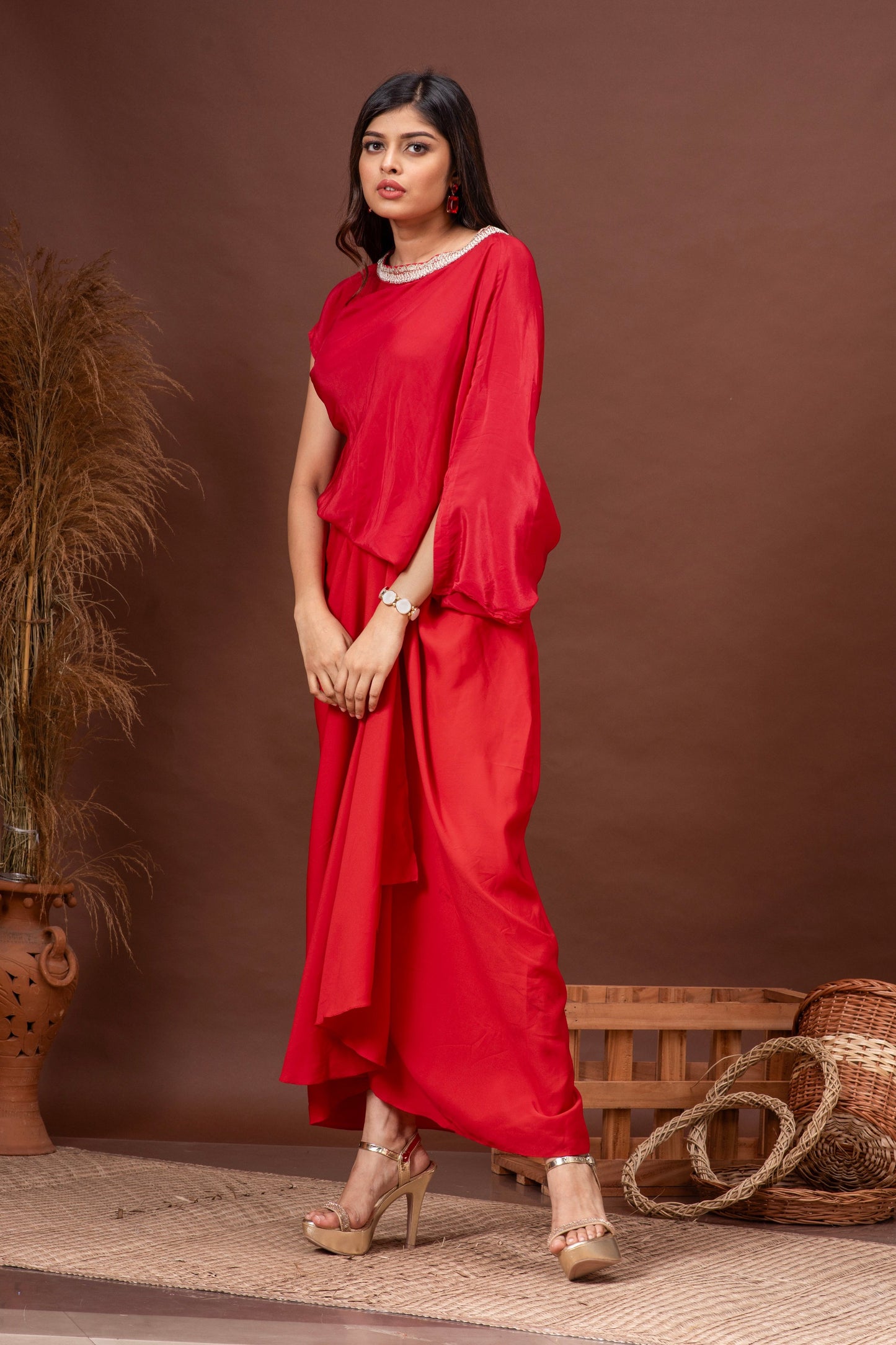 Tomato Red Habutai Silk Draped Skirt Set