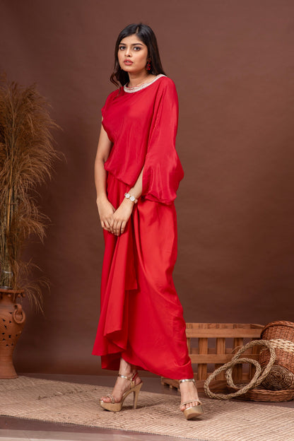 Tomato Red Habutai Silk Draped Skirt Set