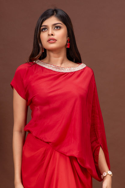 Tomato Red Habutai Silk Draped Skirt Set