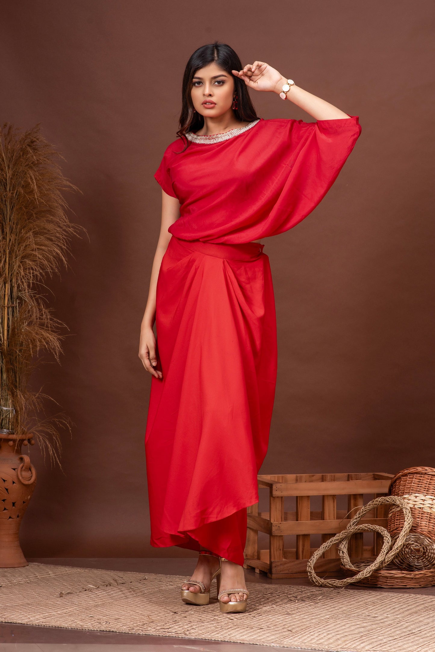 Tomato Red Habutai Silk Draped Skirt Set