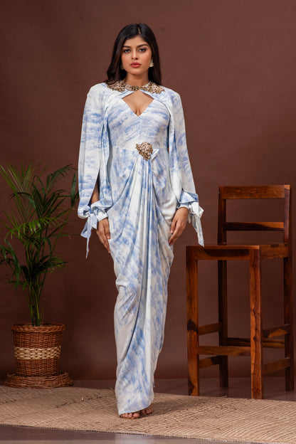 Sky Blue Tie Dye Cotton Cowl Draped Gown
