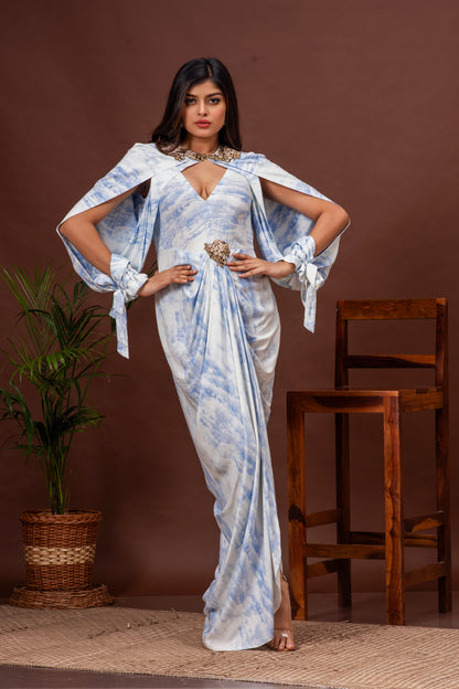 Sky Blue Tie Dye Cotton Cowl Draped Gown