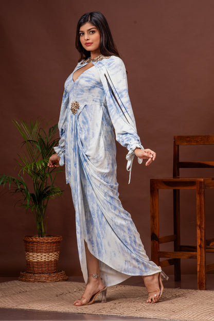 Sky Blue Tie Dye Cotton Cowl Draped Gown