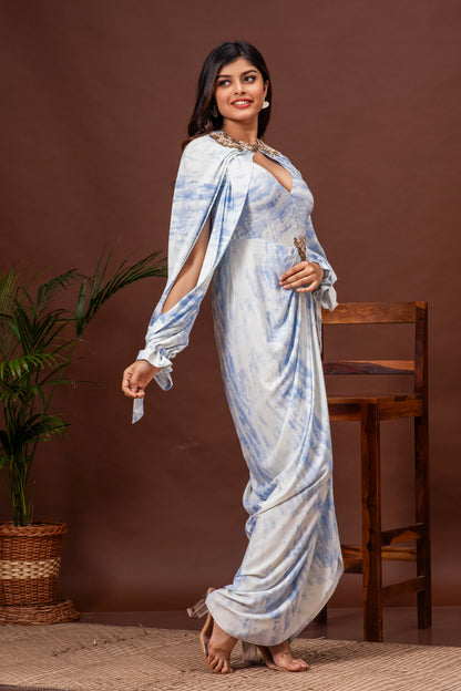 Sky Blue Tie Dye Cotton Cowl Draped Gown