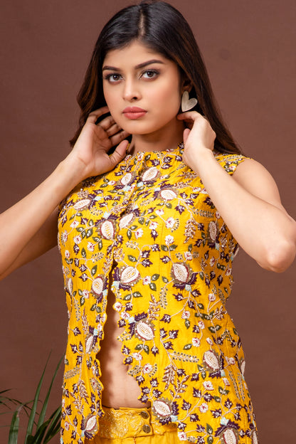 Yellow Bamberg Silk and Organza Embroidered Sharara Set