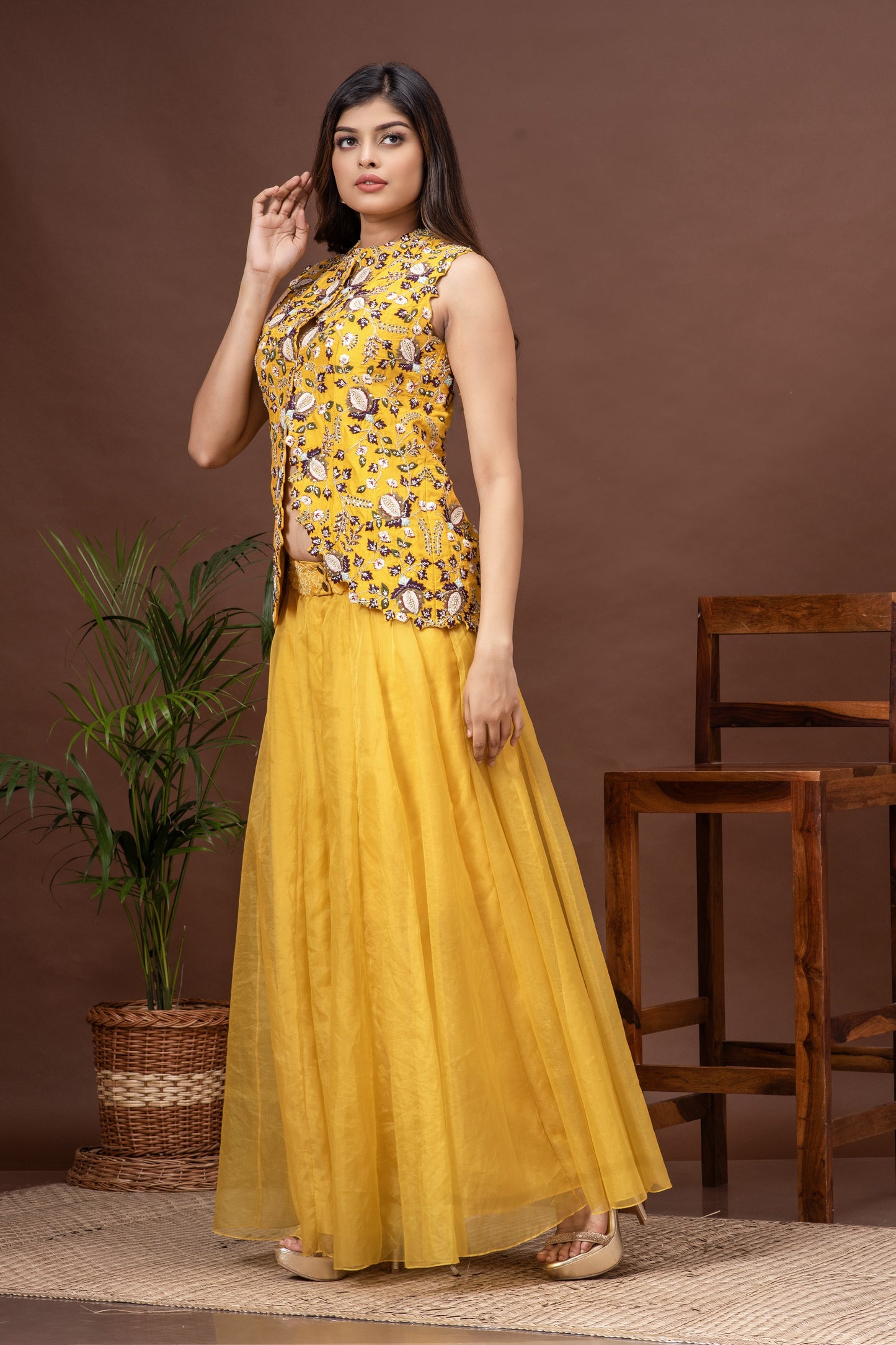 Yellow Bamberg Silk and Organza Embroidered Sharara Set